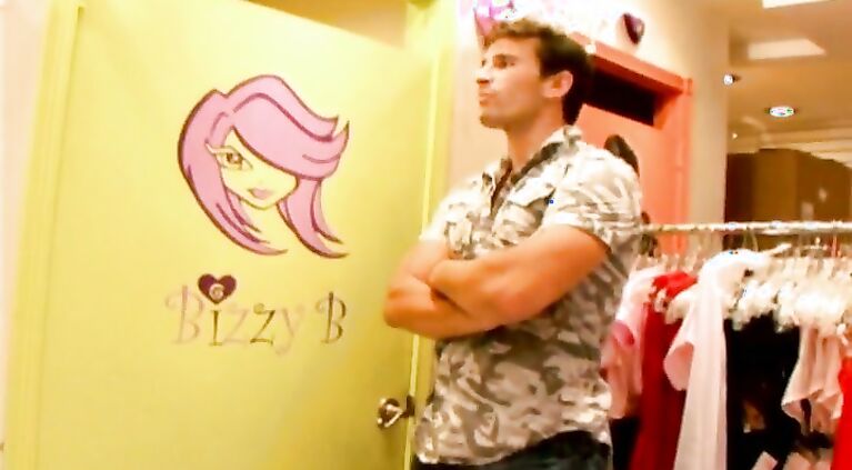 While she was trying some on in the dressing room her boyfriend couldnt help himself and snuck himself in to the dressing room.